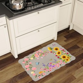 BYINGWD - Tapete para puerta de interior, lavable a máquina, feliz, floral, de pelo bajo, para entrada, cocina, puerta delantera, entrada, habitación de los niños (bonito beige, 60 x 90 cm)