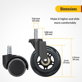 HOLKIE Office Chair Wheels Roller Blade Caster 11x22mm All Black 3 Inch Chair Wheels for Office Rubber Rolling Set of 5 for Carpet Hardwood Floors Gaming Smooth & Silence Gliding