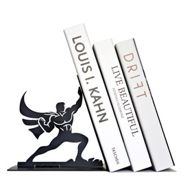 Superhero Metal Bookend – 6.5 Inch Heavy-Duty Book Holder with Anti-Slip Base, Unique Decorative Book Stand for Home or Office Shelf, Holds Large Books – Black