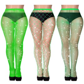 Geyoga 3 Pairs Sparkly Fishnets Stockings for Women Rhinestone Fishnets Stockings Glitter Tights One Size Fit All(Green)