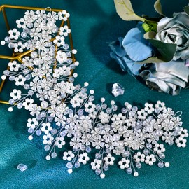 JHOO Bridal Crystal Pearl Headband, Rhinestone Wedding Hair Accessories, Flower Shape Hairband Handmade Headpiece for Women HP839 (Silver, One Size)