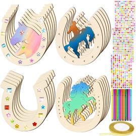 40 Pieces Horseshoe Children's Birthday Wooden Set, 24 Wooden Horseshoe Crafts with 12 Watercolour Pens & 1 Glitter Ribbon and 3 Glitter Stones Stickers for DIY Decoration, Wooden Discs Horseshoe