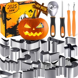 Fundaful Halloween Pumpkin Carving Kit, NEW 21 PCS Safe and Easy Pumpkin Carving Tools with Stainless Steel Stencils Set for Halloween Decoration Jack-O-Lanterns for Kids Adults