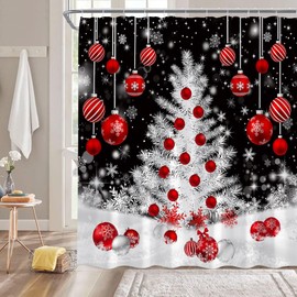 Christmas Shower Curtain,Red Xmas Ball Tree Snowflake Winter Holiday Fantasy Black White Bathroom Home Curtain Decor with Hooks,70x70 Inch
