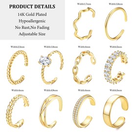 Adramata 10 Pieces Rings Women Gold Adjustable Rings Set 14 Carat Gold-Plated Thumb Ring Finger Ring Simple Band Ring Stackable Open Rings Women's Gold Silver Ring for Women Girls, Copper