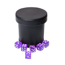 RERIVER PU Leather Dice Cup with Lid, Purple Velvet Interior Quiet Dice Shaker Cup Including 6 Purple Translucent Dice for Liars Dice/ Farkle/ Yahtzee Games, 1 Pack
