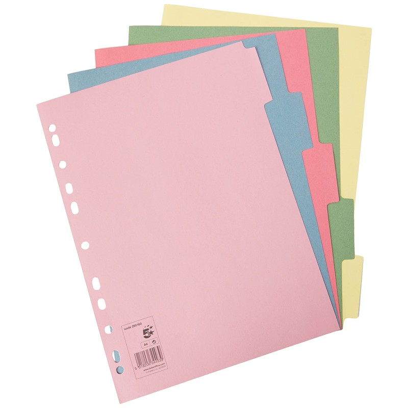 5 Star Office Subject Dividers Multipunched Manilla A4 Card -