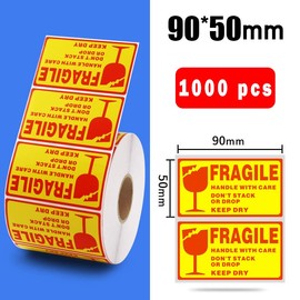 Fragile Stickers, 1 Roll 1000 Handle with Care, Red Fragile Warning Label Sticker, Thank You Warning Sign, Fragile Packaging Label for Parcels and Boxes (90 x 50 mm, Yellow)
