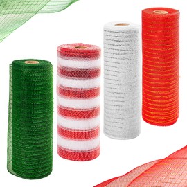 4 Rolls Christmas Deco Mesh Rolls for Wreath Making 10 inch x 10 Yards White Stripe Green Red Deco Mesh Christmas Poly Mesh Xmas Mesh Ribbon Rolls for Christmas Tree Garland Wreath Craft Decorations