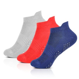 Boys 3/6 Pairs Trainer Cotton Socks With Grip | Black/Blue/Red/Grey | Arch & Heel Tab Support | Sports | Breathable, Lightweight, Comfortable | Athletic, PE, Exercise, School | 6-8.5, 9-12, 12.5-3.5