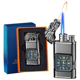 Lighter, Windproof Torch Lighter Jet Flame and Soft Flame, Cool Adjustable Lighter with Visible Fuel Window, Refillable Butane Lighter for Outdoor Indoor Men Women (Without Butane)-Black Dragon