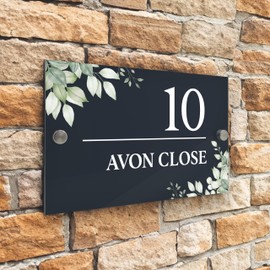 Badgemaster Floral Modern Anthracite House Number Sign Plaque Stainless Steel Standoffs 20cm x 13cm Green Flowers