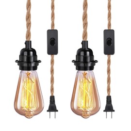 2 Pack Elibbren Plug in Pendant Light Cord Kit with Switch, Vintage Hanging Light Cord with 13.12FT Twisted Hemp Rope Plug in Pendant Kit, Industrial Pendant Lighting DIY Plug in Lamp Fixture