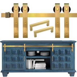 Rio Salto Mini Barn Door Hardware Kit with Handles 60" Track Set Gold Double Cabinet Sliding Barn Small Hardware Set TV Stands Wardrobe Track Kit NO Cabinet Included (Gold, 5FT Track Kit (Double Door)