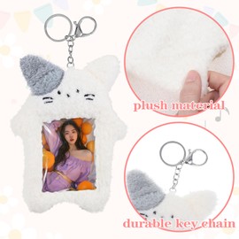 GEEHUA Cartoon Plush Photocard Holder, Kawaii White Cat Card Cover with Keychain Cute Photo Protective Sleeve for Credit ID Bank Card Bus Card Student Card ID Badge