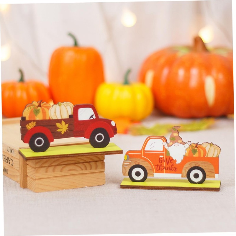 CAXUSD 2pcs Wooden Truck Gnome Pumpkin Sign for Autumn Home
