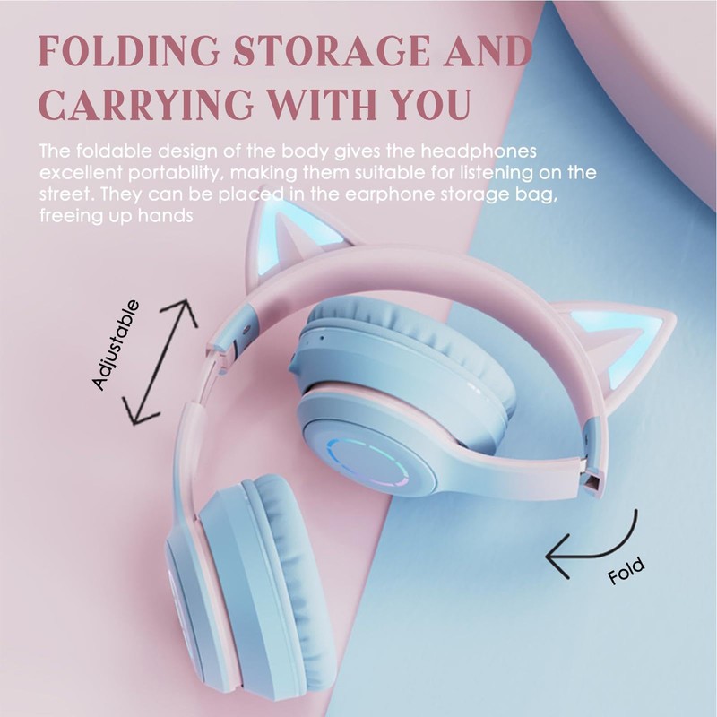 RGB Cat Ear Headphones,Wireless Foldable & Wired Over Ear Headphones