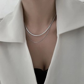 Mauzew White Gold Necklaces for Women Stainless Steel Layered Flat Herringbone Chain Choker Necklaces Dainty Snake Chain Multi Layering Necklace Set Everyday Jewelry