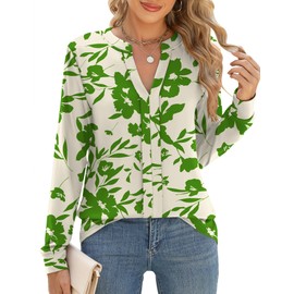 Micoson Womens Tops Dressy Casual Long Sleeve Work Shirts for Women V-Neck Full Sleeve Cute Green Floral Top Spring Apricot Printed S
