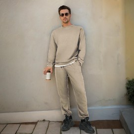 congluoki Men Tracksuit 2 Piece Long Sleeve Pullover Outfits Casual Sweatshirt Jogging Sport Suit Sets with Pockets Khaki XXL