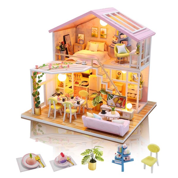 GuDoQi DIY Miniature Dollhouse Kit, Tiny House kit with Furniture and Music, Miniature House Kit 1:24 Scale, Great Handmade Gift for Birthday Halloween, Sweet Time House