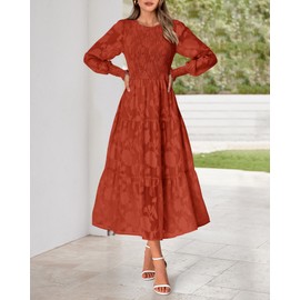 BTFBM Casual Women's 2025 Fall Dresses Elegant Wedding Guest Dress Long Sleeve Floral Midi Dress Flowy Bohemian Long Dress(Brick Red,XX-Large)