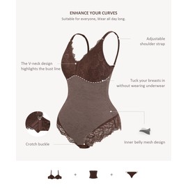 FeelinGirl Women Full Lace Shapewear Bodysuit for Women Tummy Control Thong Shapewear V Neck Tops Body Suits Brown XL