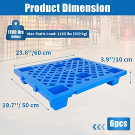 Plastic Pallets 23.6" x 19.7" x 3.9", Lightweight Water-Proof Floor Pallet with Breathable Grid for Indoor Outdoor, Warehouse, Garages, Kitchen, Basement (6 Pack, 1100lbs Load Capacity, Blue)