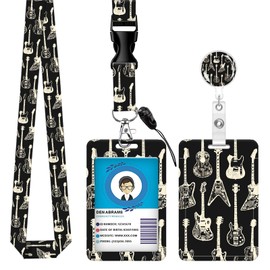 ID Badge Holder with Retractable Lanyard & Badge Reel, 360° Rotating Clip for Nurses, Doctors, Teachers - Hospital, School, Office (Hand Drawing Guitar)