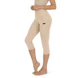 ODODOS Women's High Waisted Yoga Capris with Pockets,Tummy Control Non See Through Workout Sports Running Capri Leggings, Beige, Medium