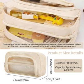 2 PCS High Capacity Pencil Pen Case with Zipper, 3-Compartment Japanese Transparent Pencil Case, Marker Pen Aesthetic Art Pouch, Stationery Office School Supplies for School Travel & Crafts (2PCS)