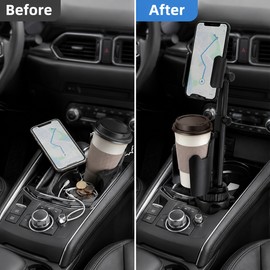2-in-1 Car Cup Holder Phone Mount for Travel – Adjustable Drink Stand with Long Arm Phone Holder