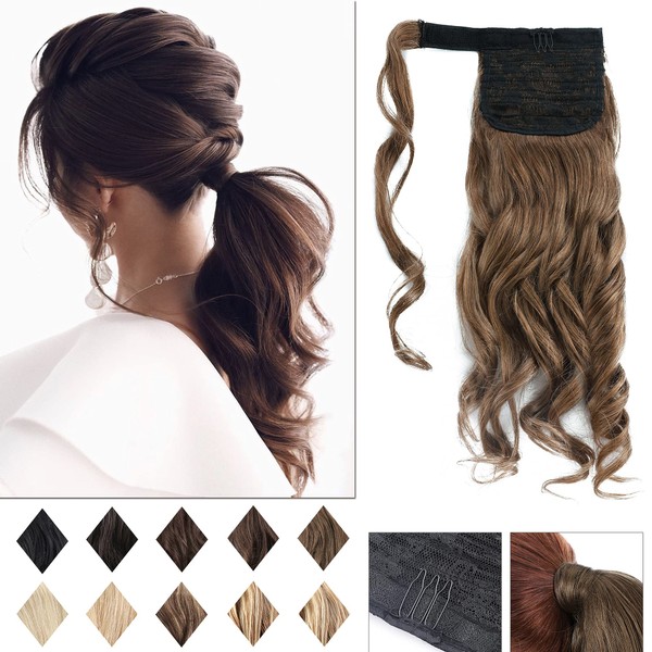 SEGO 18" 90g Wrap Around Ponytail Hair Extensions 100% Human Hair Grade 7A Real Remy Hair Long Curly Highlighted Magic Paste Clip in Ponytail for Women -Light Brown