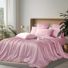 Boqingzhu Bamboo Bed Linen 200 x 220 cm Pink Plain Single Bed Luxury Lyocell Silk Bedding Set Duvet Cover with Zip and 2 Pillowcases 80 x 80 cm