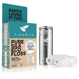 Biodegradable Dental Floss | Refillable & Reusable Zero Waste Steel Dispenser | 2x33yd Waxed Natural Cruelty Free Peace Silk Spools | 100% Compostable | Eco Friendly Plastic Free Oral Care