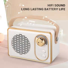 Retro BT Speaker, Tragbarer Lautsprecher mit Klassischem Design, 360° Stereo Sound, 500mAh Leder-Tragegriff, Lautsprecher für Schlafzimmer, Kinderzimmer (White)