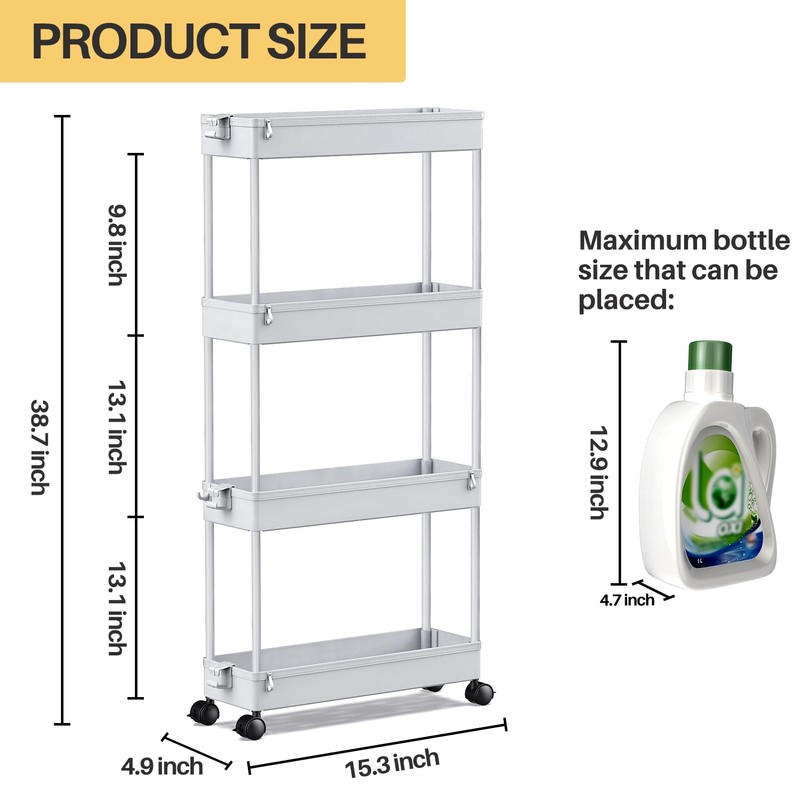 SPACEKEEPER Slim Rolling Storage Cart 4 Tier Bathroom Organizer Mobile