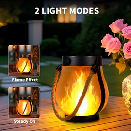 2 Pack Solar Flame Lantern Lights — Flickering Flame Hanging Lanterns Outdoor, Waterproof Garden Lights with 2 Modes Dual Charging USB & Solar Yard, Patio Decor