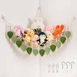 Pretty Jolly Macrame Leaf Wall Hanging Storage Hammock, 59" Boho Corner Organizer with Tassels, Stuffed Animal Plush Holder for Kids Room Nursery Decor (Avocado Green & Sage Green)