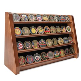 DecoWoodo Challenge Coin Display Case, 4 Row Solid Wood Military Coin Holder Rack Stand Holds 30 Coins for Desk or Wall Mount, Coin Holders for Collectors (4 Rows Walnut Finish)