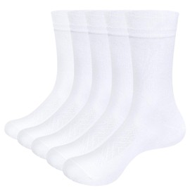 OUYJIA 5 Pairs Mens Soft Anti-Odor White Everyday Formal Office Wedding Suit Dress Bamboo Socks For Men 6-10, Basic Plain Thin Breathable Mens Socks, Multipack
