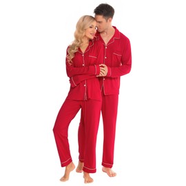 SWOMOG Couples Christmas Pajamas Set Women & Men Long Sleeve Pj Set Party Holiday Sleepwear Button-Down Loungewear Set mens Red Medium