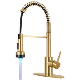 DJS Kitchen Faucets with Pull Down Sprayer Brushed Gold -【LED Light】 Single Handle 1 or 3 Holes Spring Kitchen Sink Faucet with Deck Plate for Farmhouse RV Vessel Basin
