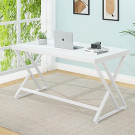 LVB White Computer Desk, Modern Wood Home Office Desk for PC Writing Work, Metal Wooden Executive Workstation Student Simple Desk with Storage, Computer Study Gaming Bedroom Table, 55 Inch, White Oak