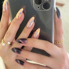 Fantasticlady Magnetic Glue On Nails Medium,summer,Almond,Pink Diamond Shape Striped Design,Cat Eye,Sturdy,UV Finish,Fall Season Acrylic Nail Kit for Women & Girls Daily Wear