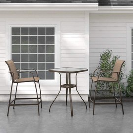 Crestlive Products Patio Bar Table Outdoor High Dining Bistro Table Tempered Glass Top with Umbrella Hole, Aluminum Frame Outside Banquet Furniture for Garden Pool Deck Lawn (Brown)