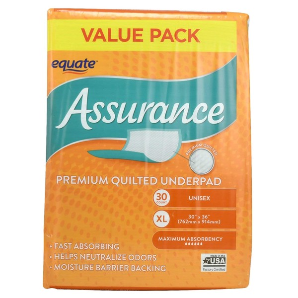 Equate Assurance Maximum Absorbency Unisex Premium Quilted Underpad Value Pack, XL, 30 Count (Pack of 6)