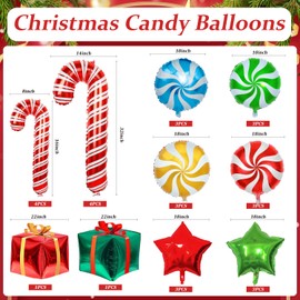 28 Pcs Christmas Foil Balloons Candy Cane balloons Christmas Mylar Balloons Present balloons with Ribbons Christmas Decorations For Party