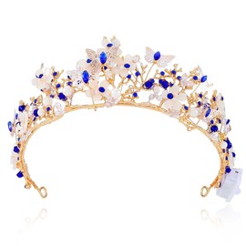 Yean Light Up Butterfly Crown Gold Queen Crowns Fairy Tiara Hair Accessories for Women (Gold+Blue-Color Light, One Size)
