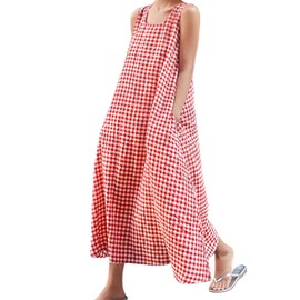 chouyatou Women's Casual Loose-Fit Cotton and Linen Plaid Tank Maxi Dress with Pockets (Large, Red)